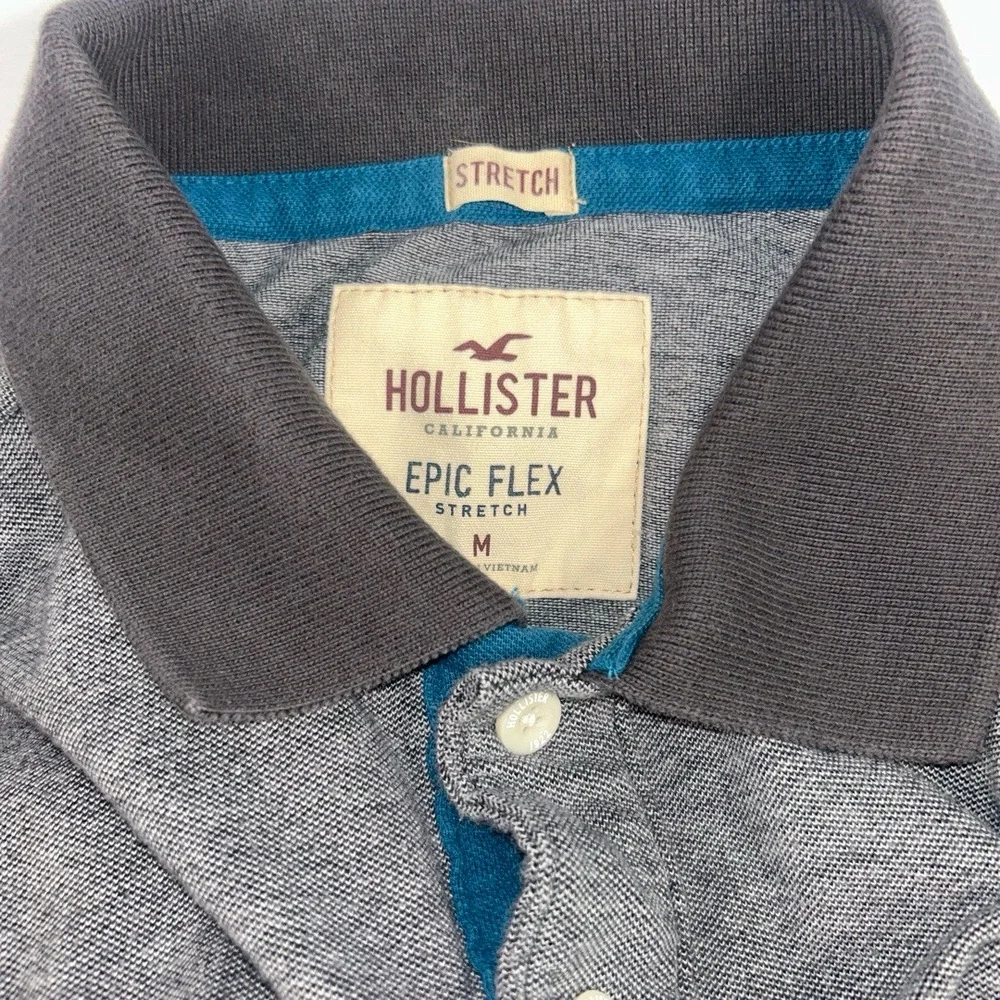 Hollister Mens Polo Shirt Medium Two Tone Grey Epic Flex Stretch Blue Logo - Picture 8 of 8